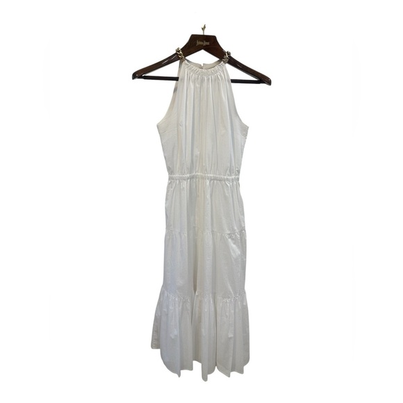 MICHAEL Michael Kors Chain Halter Optic White Cotton Tier Lawn Midi Dress SZ XS - Picture 3 of 17
